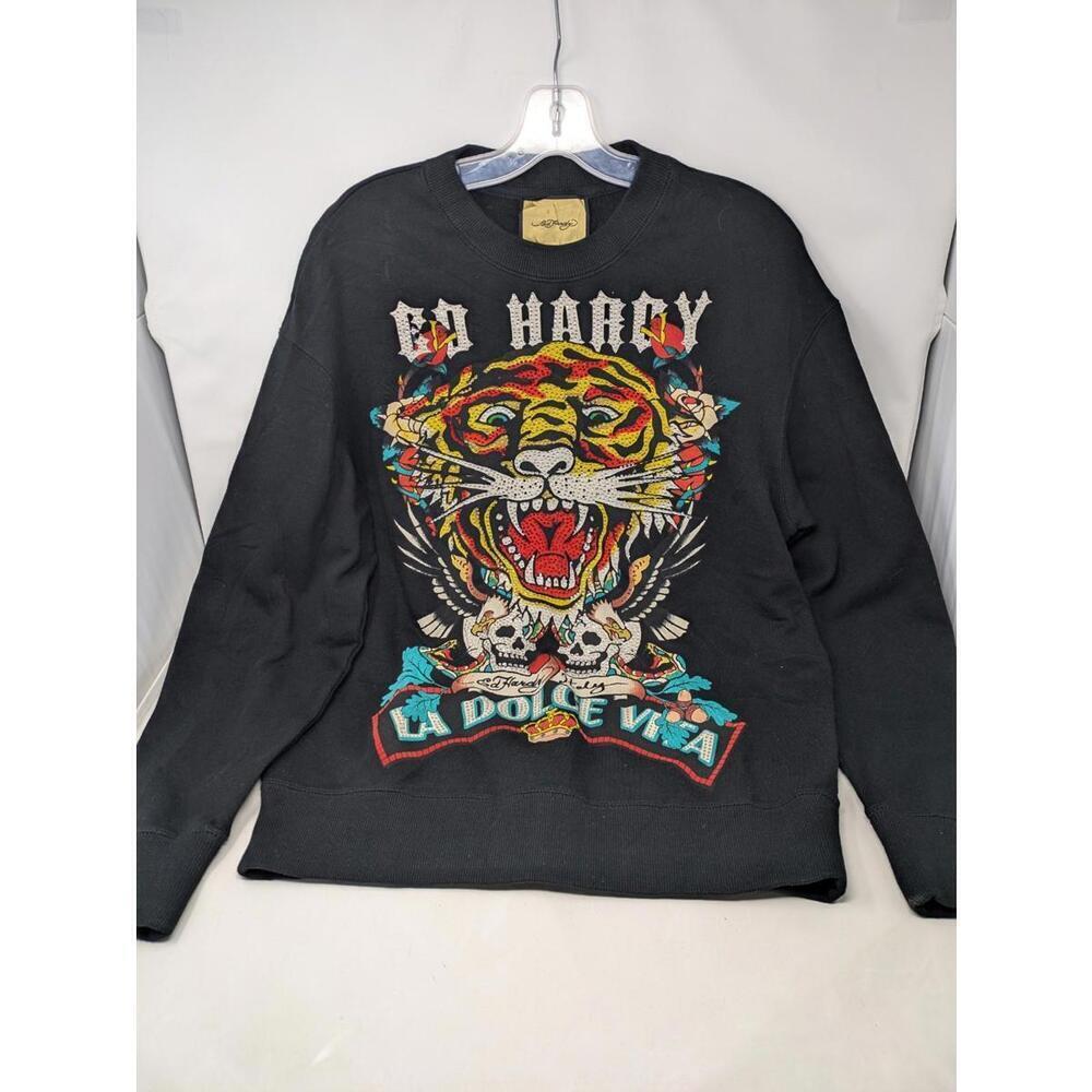 ED Hardy Tiger Rhindstone Glittery Crewneck Sweater-Size Small